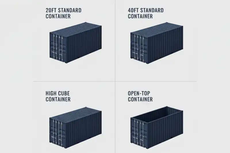 standard-types-guide-4-main-container-types-comparison Graphic showing four container types: 20ft, 40ft Standard, High Cube, and Open Top, comparing their basic form and size.