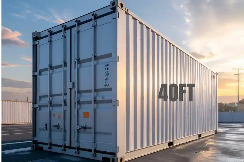 Clean white 40ft shipping container with "40FT" graphic overlay, showcasing the largest common size for transport and storage.