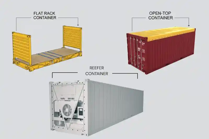 Graphic comparing three specialty containers: Flat Rack, Open Top (with tarp), and Reefer (refrigerated) containers.