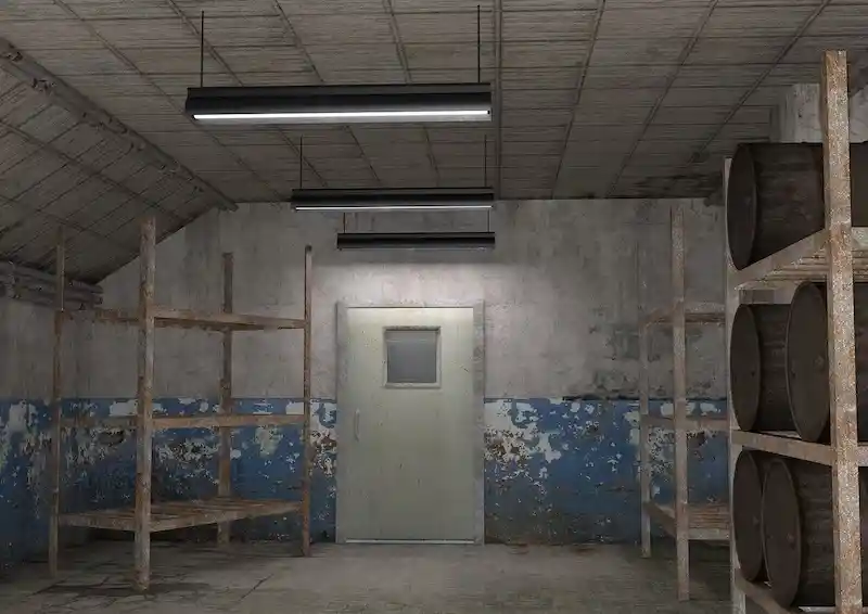 Bare, industrial-style room with basic metal shelving, a heavy-duty door with a small window, and fluorescent lighting, suggesting a storage bunker.
