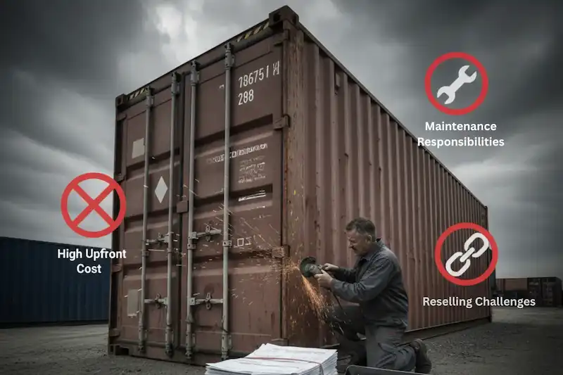 Image showing a worker grinding steel on a container, labeled with icons for Maintenance, Reselling, and High Upfront Cost.