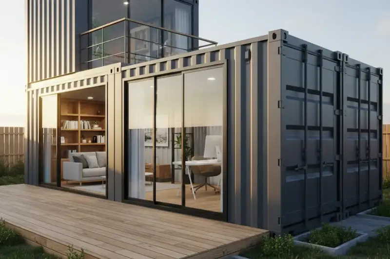 Multi-story container building with wood deck, large glass doors, and a furnished modern living and office interior.
