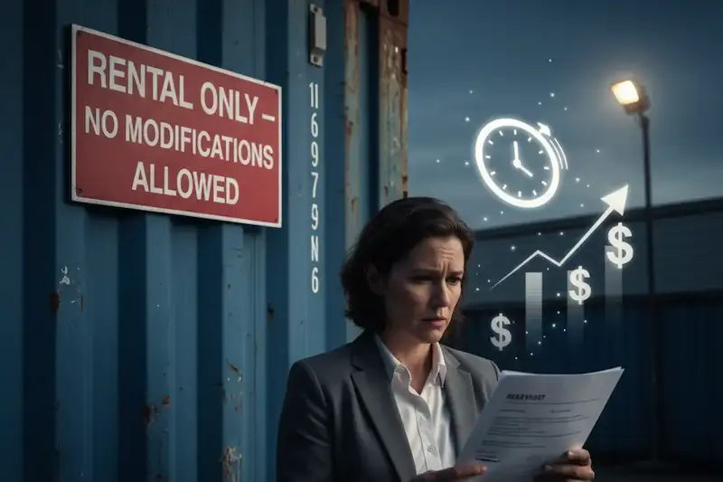 Woman looking worriedly at paperwork next to a container with a 