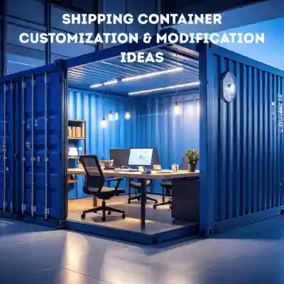 Blue shipping container with doors open, revealing a fully furnished, modern, climate-controlled office interior with desk and chair.