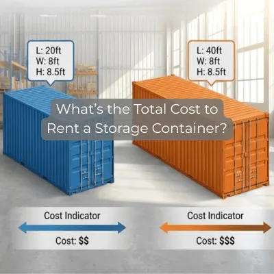Blue 20ft and orange 40ft storage containers side by side illustrating monthly rental cost differences.
