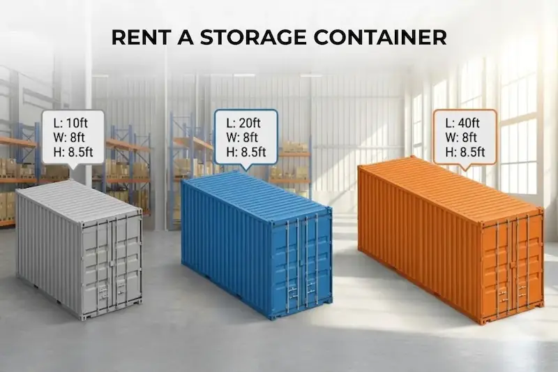 10ft, 20ft, and 40ft storage containers lined up in a warehouse for rental selection.