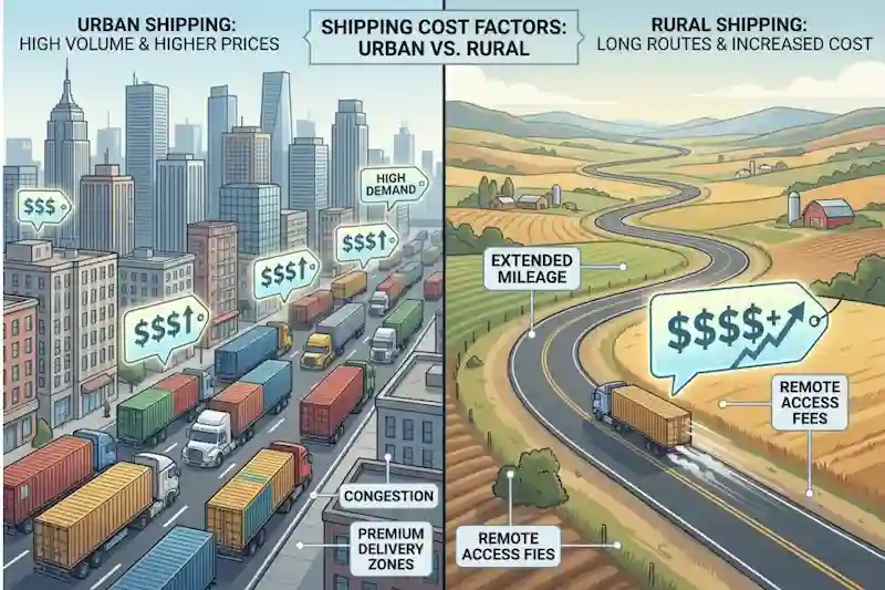 Illustration contrasting urban delivery congestion fees with rural long-distance mileage charges.