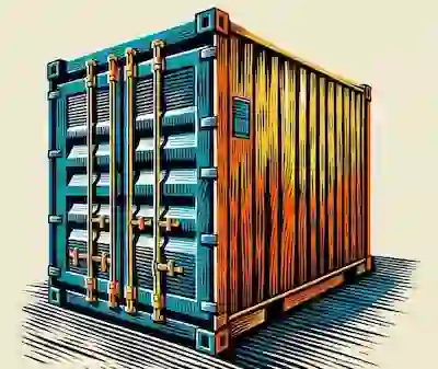 Stylized graphic art of a blue and orange 20ft shipping container, emphasizing the sturdy steel structure and door locks.
