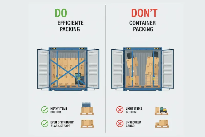 Infographic comparing safe (strapped, heavy items bottom) vs. unsafe (unsecured, uneven) methods for packing cargo inside a container.