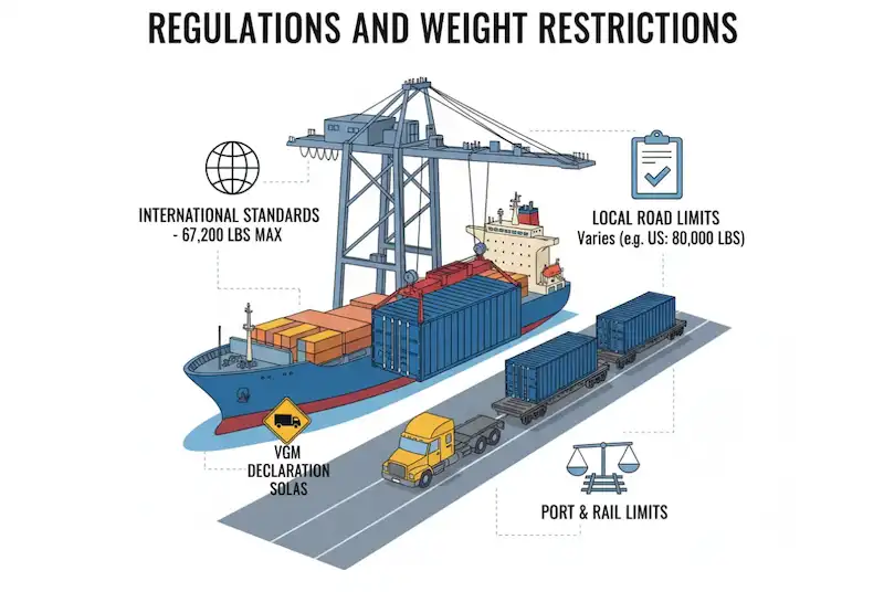 Infographic showing container weight regulations: International Standards, Local Road Limits, Port & Rail Limits, and VGM/SOLAS declaration.