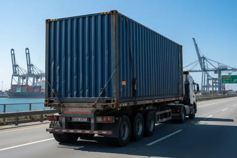 Semi-truck hauling a secured, loaded 20ft shipping container on a highway, leaving a busy port with cranes.