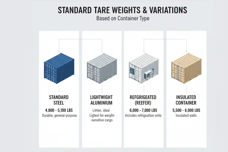 Infographic comparing the empty weight (tare) of Standard, Lightweight, Reefer, and Insulated container types.