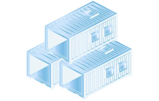 Blue line-art illustration of three shipping containers stacked and arranged as a multi-unit modular office or living space with large openings and small windows.