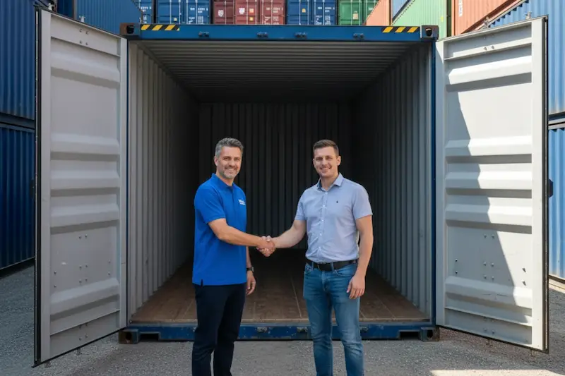 Dos hombres se dan la mano delante de un contenedor de transporte abierto, símbolo de una compra y una inspección legítimas y verificadas.