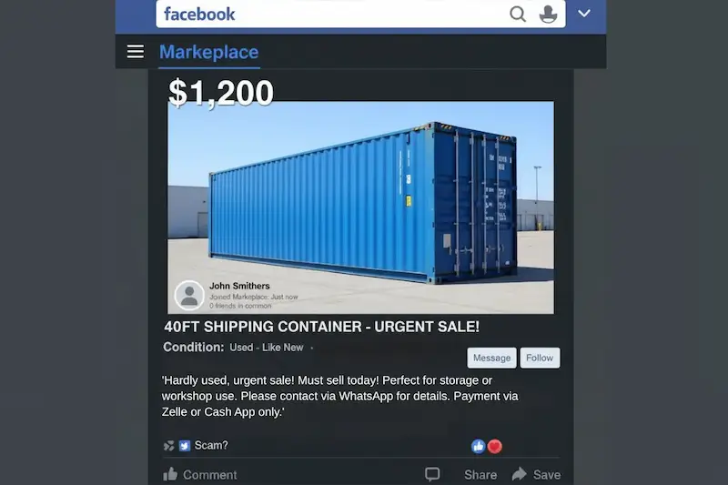 Anuncio falso de Facebook Marketplace para un contenedor de 1.200 $, que muestra banderas rojas como 