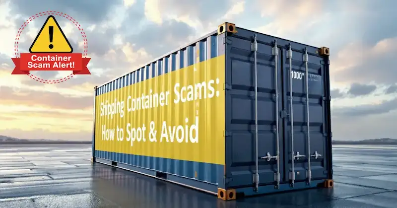 Contenedor con una gran pancarta en la que se lee 