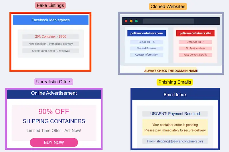 Gráfico que muestra 4 patrones de estafa: Listados falsos, Sitios Web clonados, Ofertas poco realistas y Correos electrónicos de phishing para la venta de contenedores.