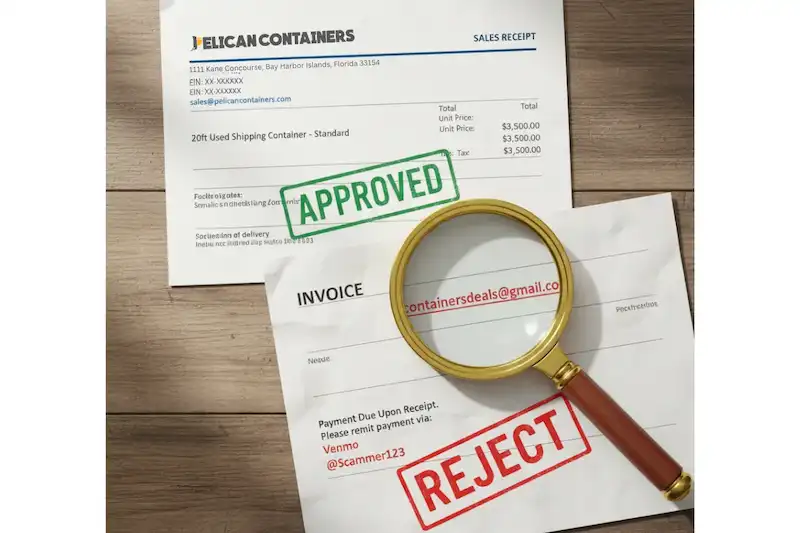 Imagen que compara una factura profesional (APROBADA) con una falsa (RECHAZADA), con una lupa sobre una dirección de correo electrónico sospechosa.