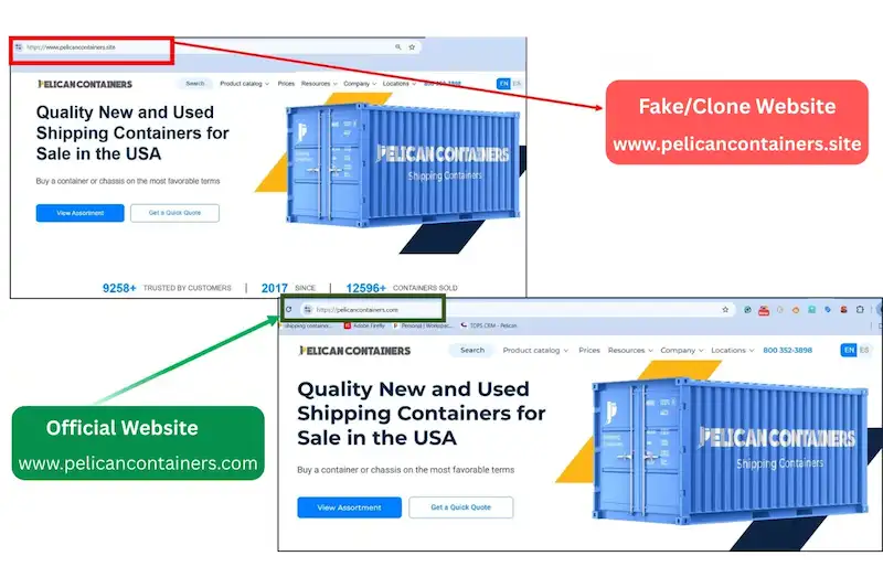 Imagen que compara el sitio oficial pelicancontainers.com con un sitio clónico falso, advirtiendo a los compradores sobre las estafas de los contenedores marítimos.