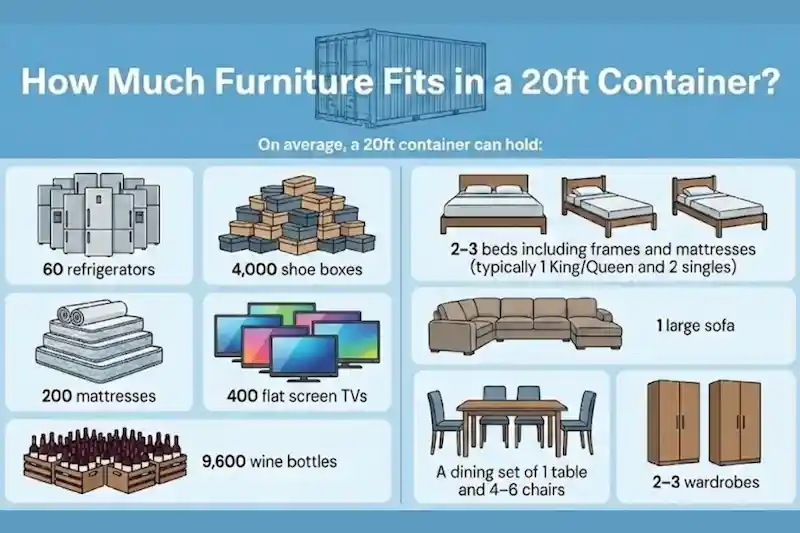 Icons showing theoretical capacity of 60 refrigerators, 4000 shoe boxes, and 200 mattresses in a 20ft container.