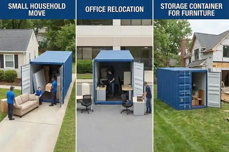 Three-panel image showing a small household move, an office relocation, and a storage container for furniture.