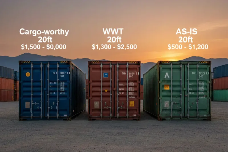 Three 20ft used containers at sunset showing the used shipping container cost for Cargo-worthy, WWT, and As-is grades.