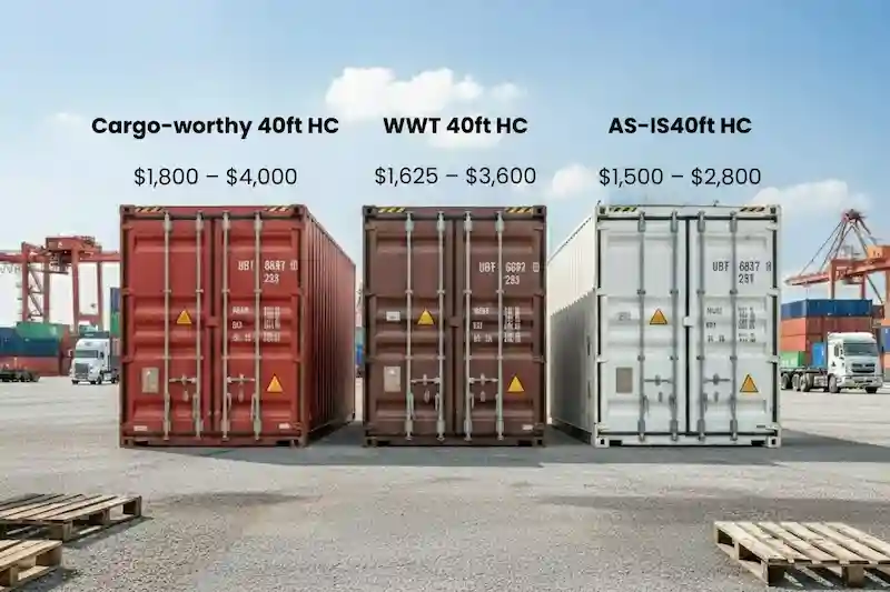 Comparative used shipping container cost for 40ft HC units in Cargo-worthy, WWT, and AS-IS conditions.