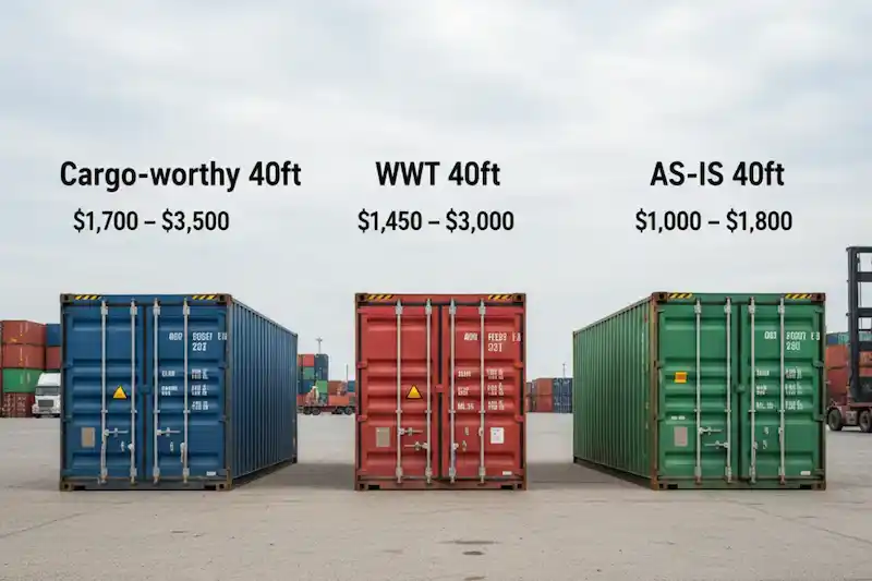 A side-by-side comparison of 40ft used shipping container cost for Cargo-worthy, WWT, and AS-IS condition grades.
