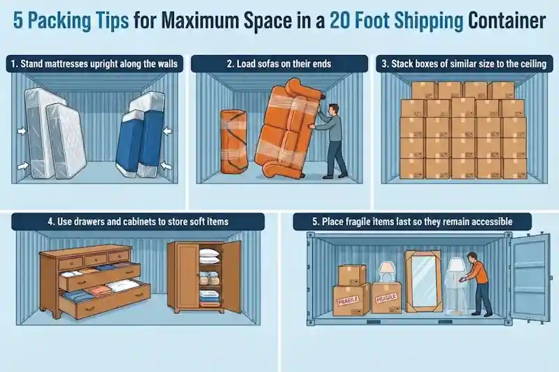 Five-panel illustration showing vertical mattress loading, sofa end-loading, and fragile item placement.