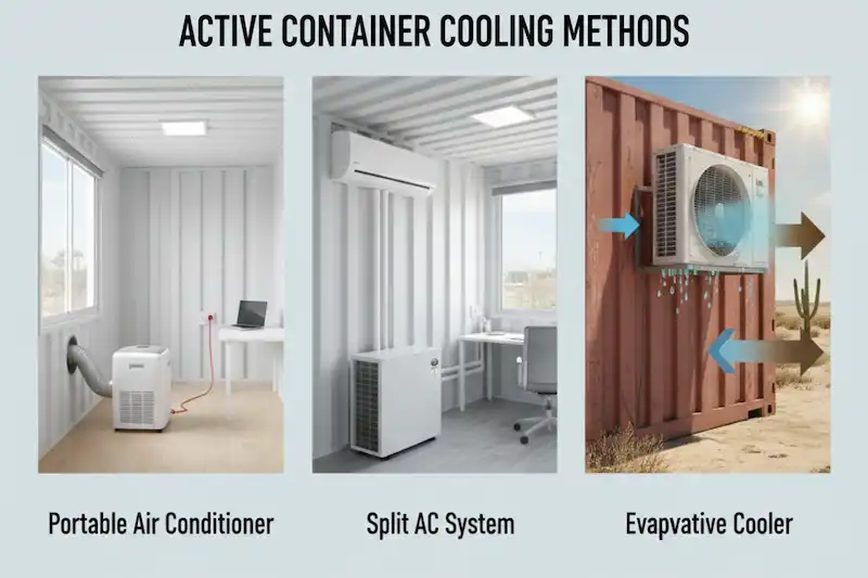 Comparación de aire acondicionado portátil, sistemas split y enfriadores evaporativos para contenedores de transporte modificados en Texas.