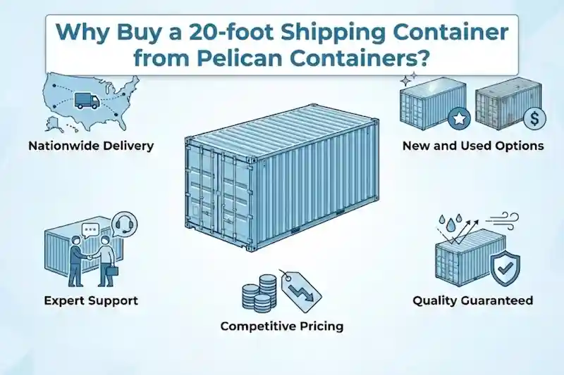 Infographic of 20ft shipping containers for sale in Texas featuring nationwide delivery, quality, and expert support.