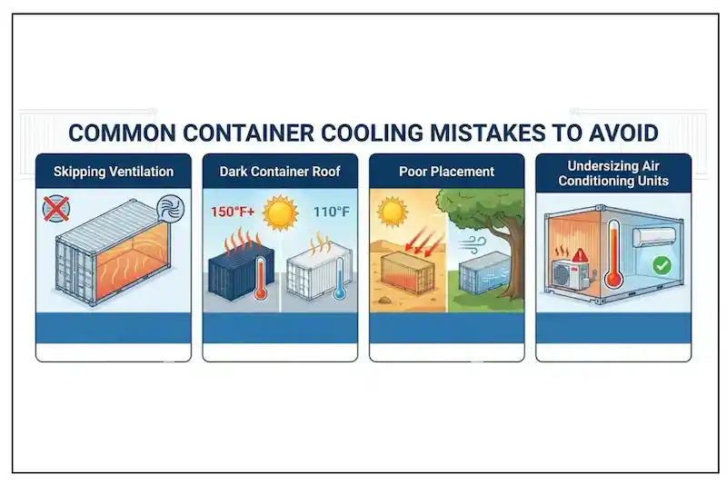 Infografía de los errores de refrigeración de los contenedores de transporte: mala ventilación, techos oscuros, exposición al sol y unidades de aire acondicionado de tamaño insuficiente.