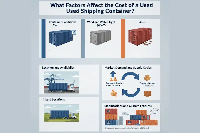 An infographic outlining the factors that affect used shipping container cost, including size, grade, and location.