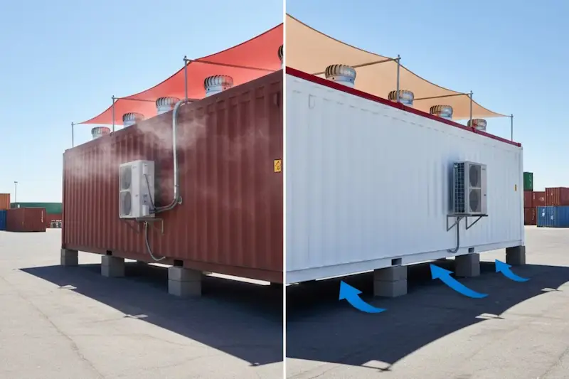 Comparación de un contenedor rojo frente a un contenedor Pelican elevado blanco que muestra una mejor circulación del aire en el calor de Arizona.