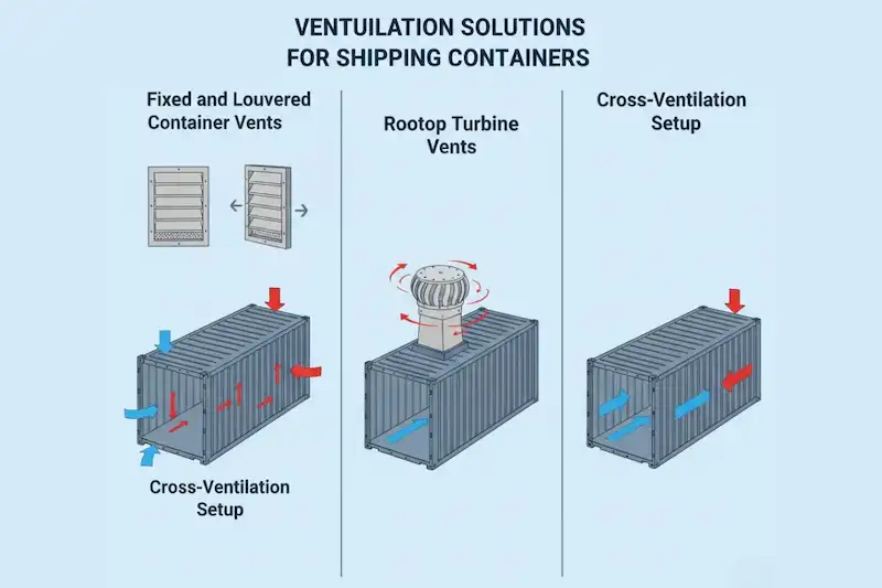 Infografía que muestra las ventilaciones fijas, las turbinas de tejado y las configuraciones de ventilación cruzada para un contenedor Pelican.