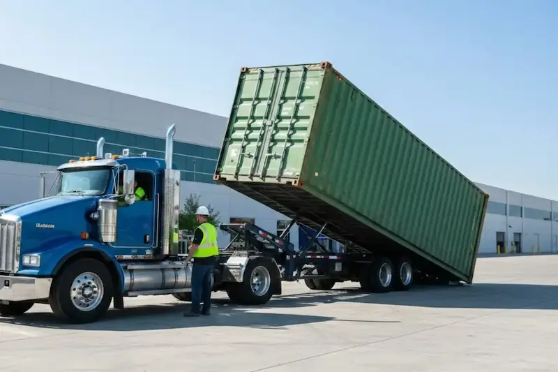 A specialized blue tilt-bed truck delivering a green used 40ft shipping container to a warehouse site in Texas.