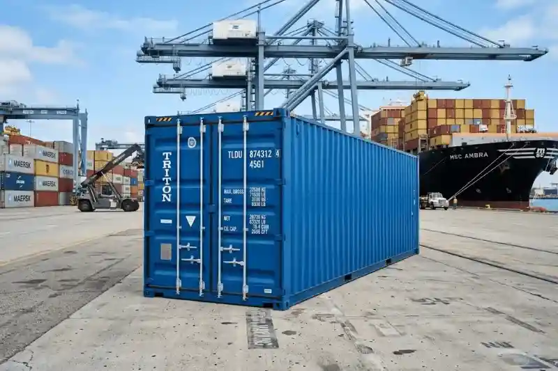 A blue 40ft high cube one-trip shipping container stands in a busy port under industrial cranes.