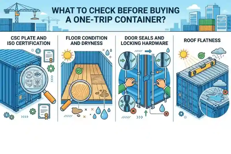 Lista de comprobación infográfica para comprar un contenedor de transporte de un solo viaje, que abarca las placas CSC, los suelos, las juntas de las puertas y la planitud del techo.
