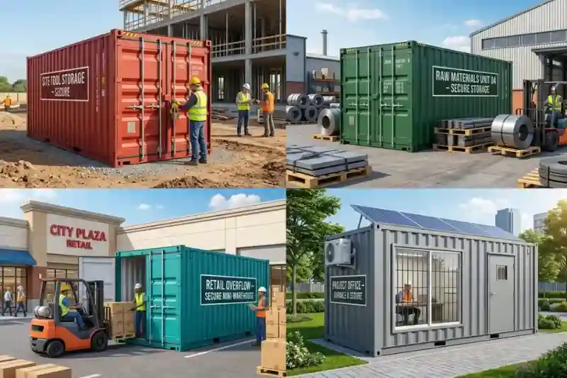 Un entramado de cuatro contenedores de transporte modificados para utilizarlos como cuarto de herramientas seguro, unidad de materias primas, almacén de desbordamiento de venta al por menor y oficina de proyectos.