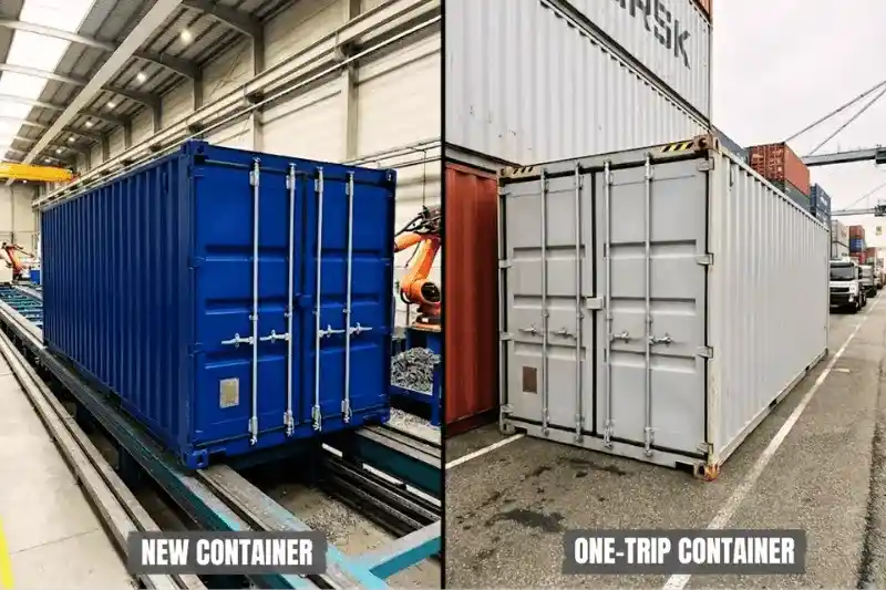 Comparación lado a lado de un contenedor azul nuevo de fábrica y un contenedor gris de un solo viaje en un puerto.