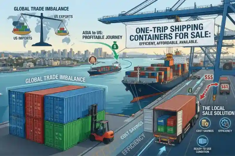 Infografía que explica cómo el desequilibrio comercial entre Asia y EEUU crea un viaje rentable para los contenedores de un solo viaje.