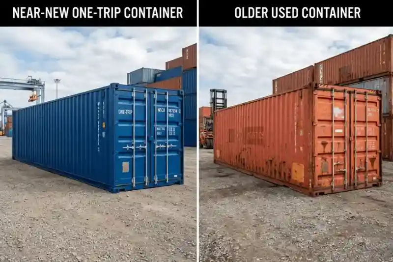 Comparación lado a lado de un contenedor de transporte de un solo viaje azul impoluto y un contenedor usado oxidado y viejo.