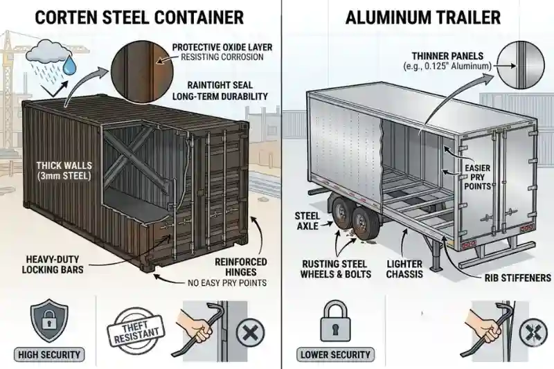 Diagrama que compara las gruesas paredes del contenedor de acero corten y las cerraduras de alta resistencia con los finos paneles de aluminio del remolque y las bisagras estándar.