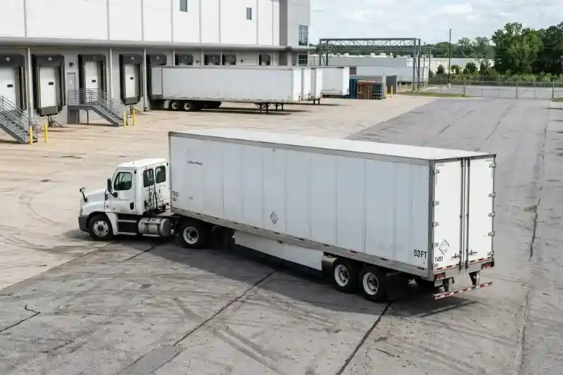 Semirremolque blanco con remolque de almacenamiento estacionado en muelles de almacén para la gestión móvil de inventarios.