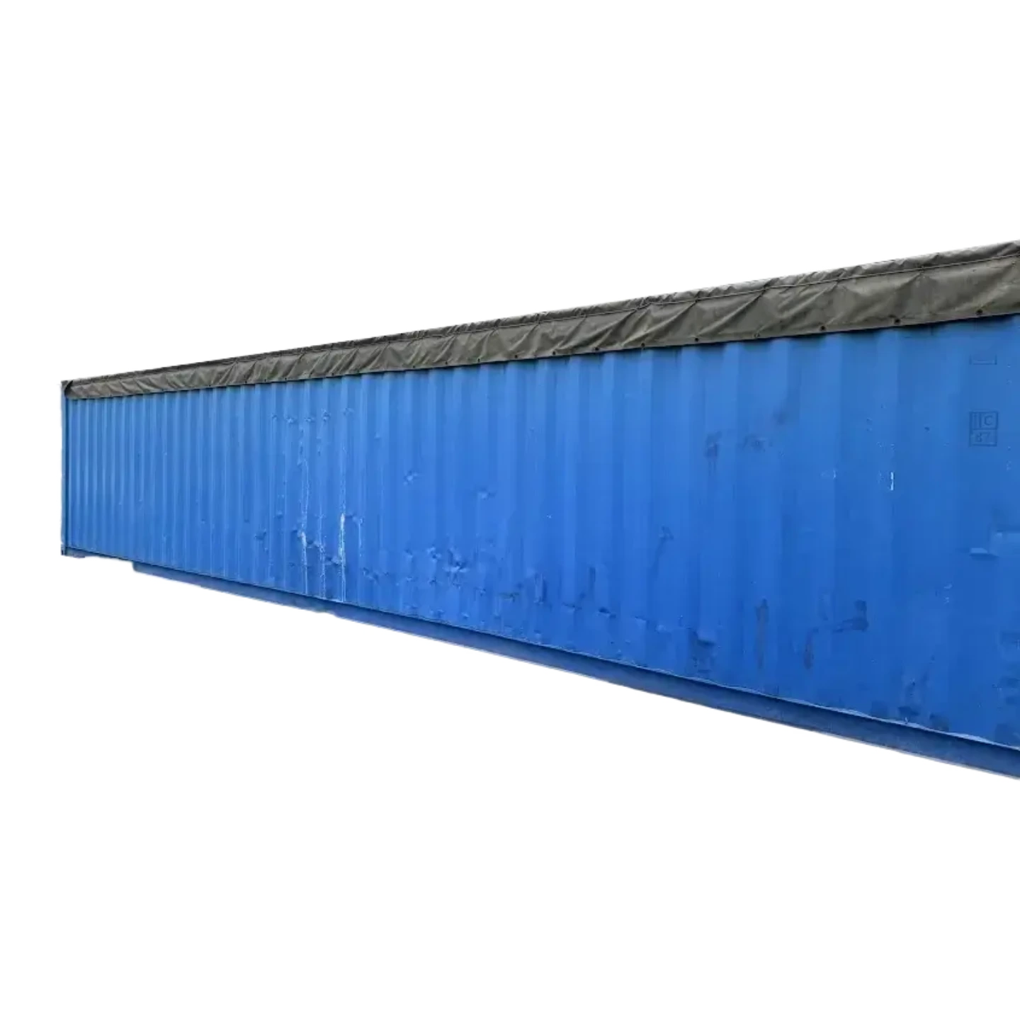 Side profile of a long blue 40ft open top container highlighting the removable soft-top tarp system.
