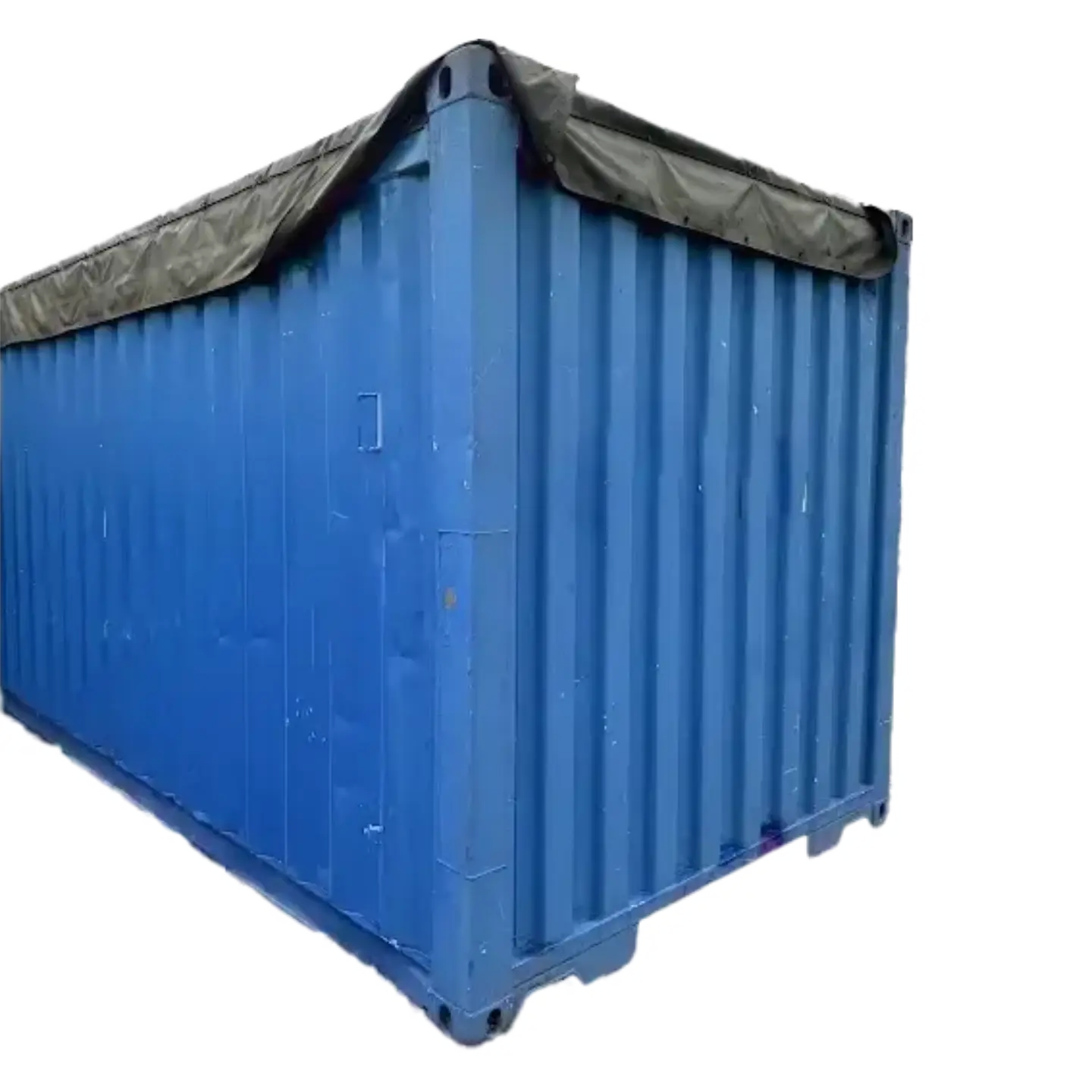A used blue 40ft open top container with a dark grey protective tarpaulin cover.