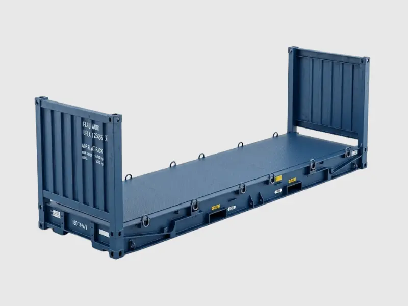 Blue 40ft flat rack shipping container featuring a reinforced steel platform, end walls, and side lashing rings.