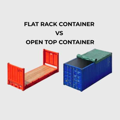 3D graphic comparing an orange flat rack container and a blue open top container with a tarpaulin top cover.