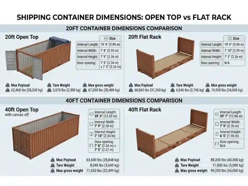 Dimensions comparison diagram for 20ft and 40ft flat rack vs open top shipping containers.