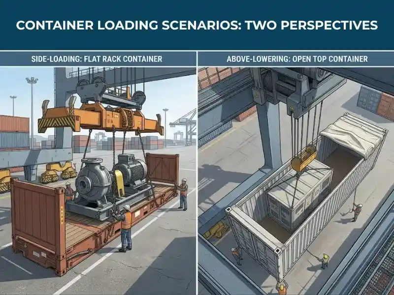 Diagram showing side loading on a flat rack container versus vertical crane loading into an open top container.